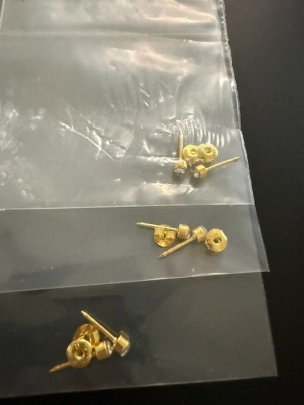 3 Pairs Bezel Set Sharp Back Starter Stud Earrings Gold Tone USA Butterfly Back